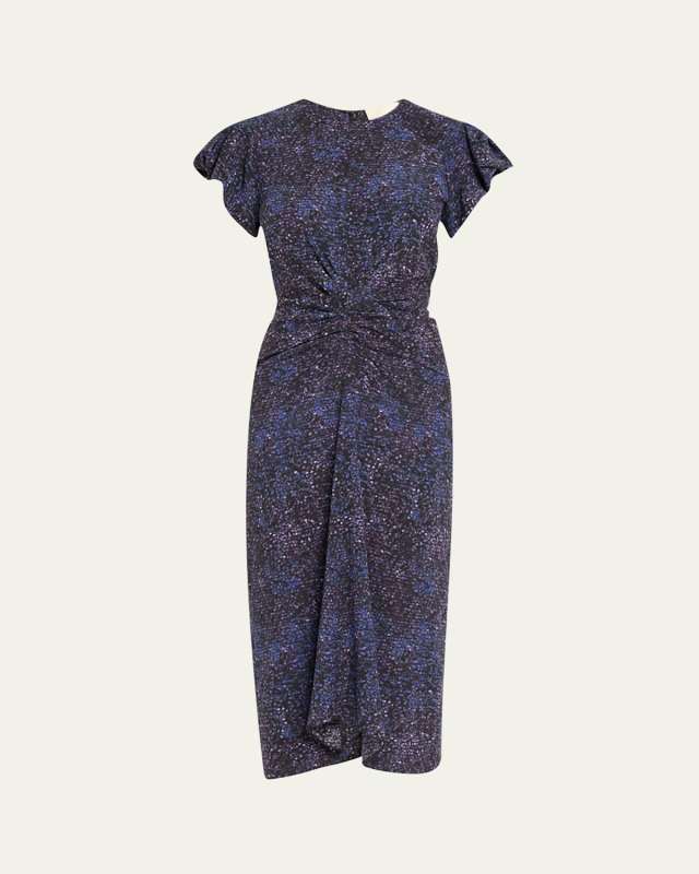 Terena Mosaic Stretch Silk Puff-Sleeve Midi Dress